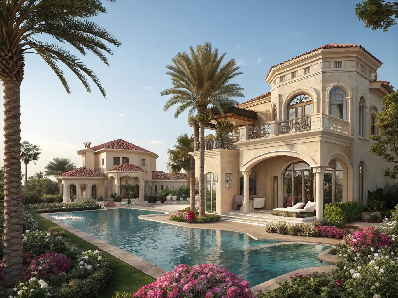 A luxury apartment in the Palm Jumeirah, featuring a private pool, lush landscaping, and panoramic views of the Arabian Gulf and Dubai skyline.